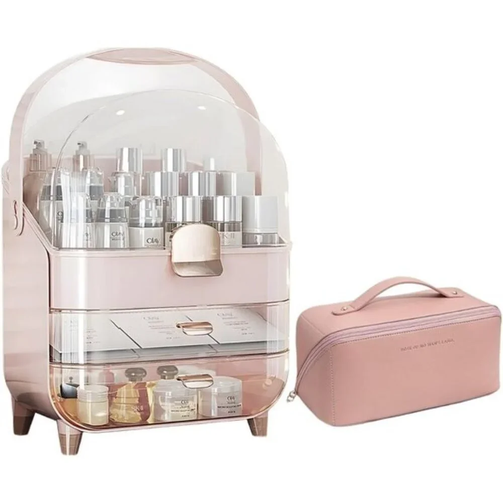 Pink Makeup Organizer, 2-Drawer Dustproof Vanity Storage with Lid for Skincare
